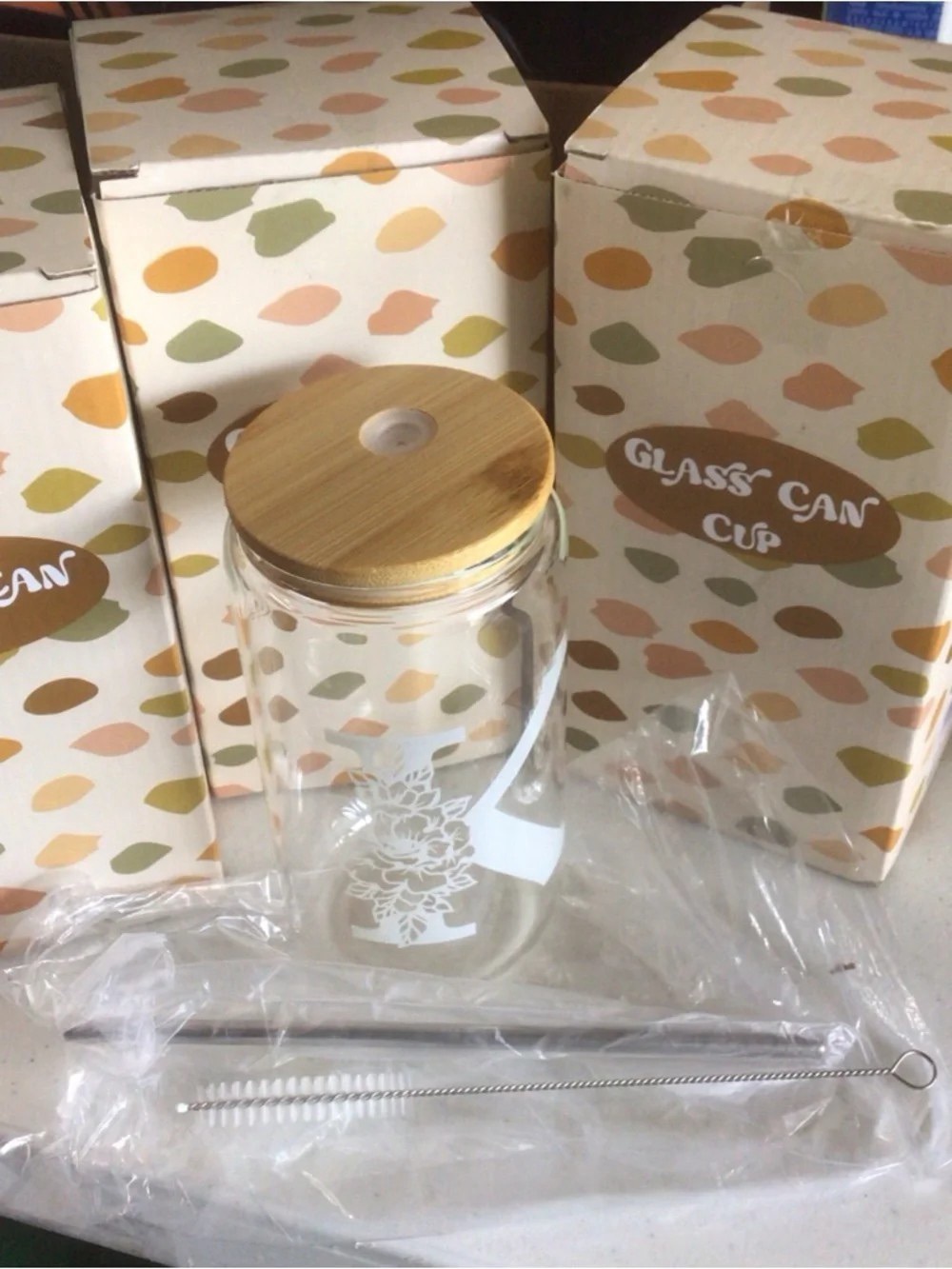 Glass Can Cup with Bamboo Lid and Straw - White Floral Design